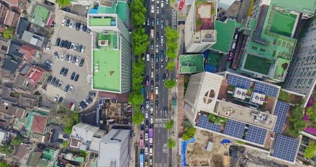 View of a busy city intersection