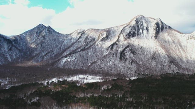 Snowy Mountain Range Overlooking a Forest