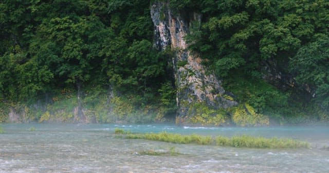 Misty River Flowing by a Lush Green Cliffside