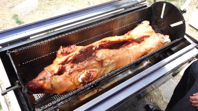 Roasted Whole Pig Being Prepared in an Outdoor Setting
