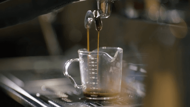 Espresso dripping into a glass measuring cup