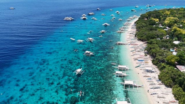 Boats lined up along a clear beach