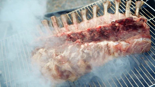 Large piece of meat smoking on the grill outdoors.