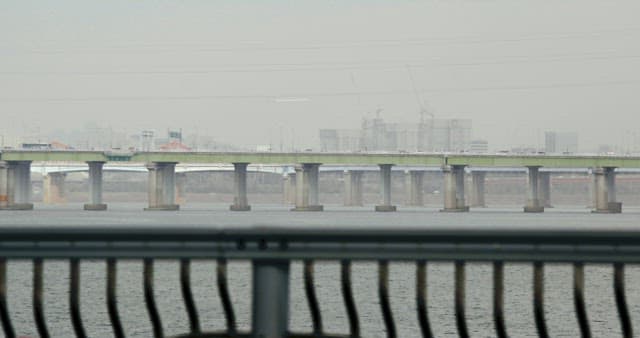 Train passing over a bridge in the city