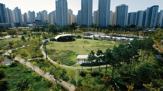City park surrounded by tall buildings