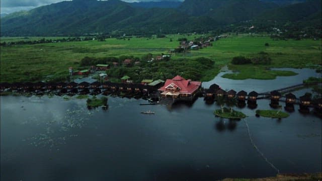 Scenic Aerial View of a Lakeside Village