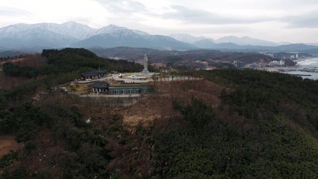 Coastal Temples and Buddha Statue in Serene Mountains