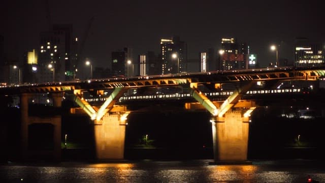 Bridge with a train passing over river with city lights at night