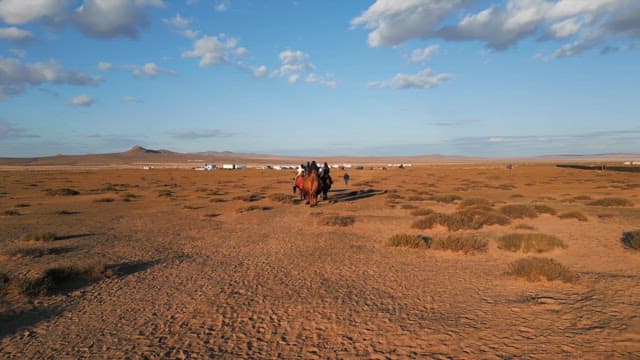 People riding camels in a vast desert