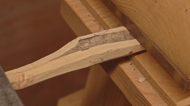 Wood being carved with a hand tool