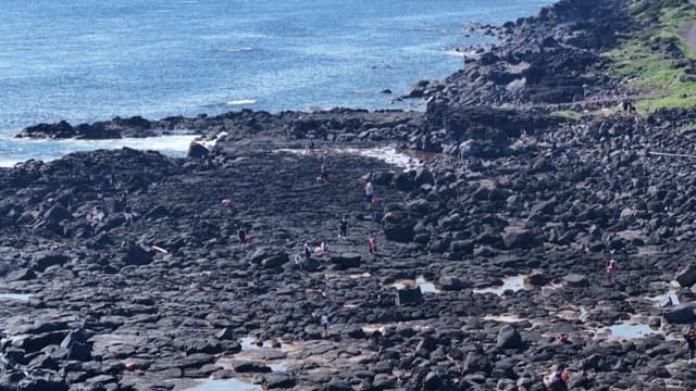 People exploring rocky shore near the ocean on a sunny day