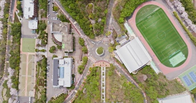Roundabout surrounded by buildings and greenery