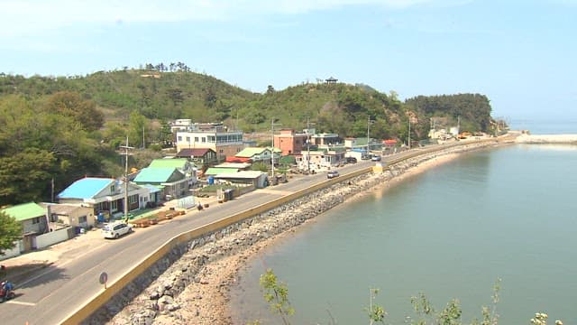 Coastal Village with Greenery and Buildings