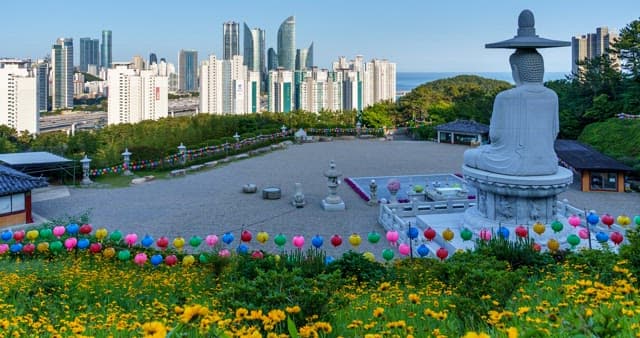 Back of a Buddha statue looking out over a city filled with buildings from day to night