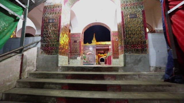 Illuminated Ornate Religious Temple and Shwedagon Pagoda at Night