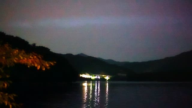 Illuminated viewof a serene lake surrounded by mountains