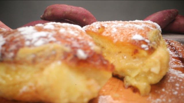 Sweet potato soufflé pancake with powdered sugar