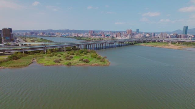 City skyline with bridges over a river