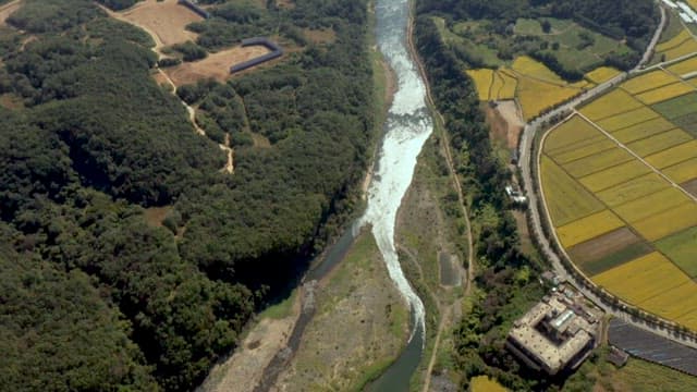 River between wide farmlands and dense forests