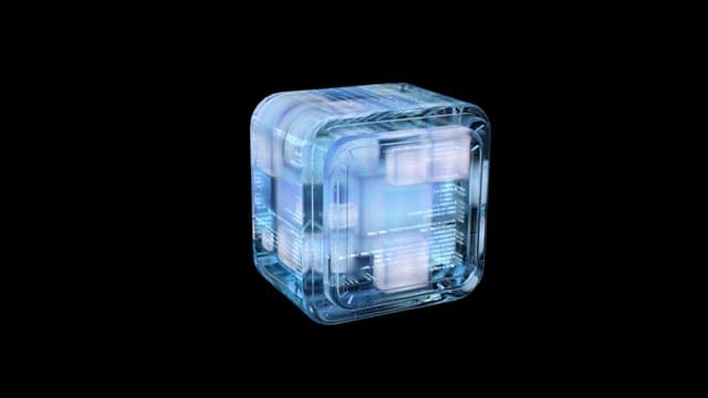 Futuristic Rotating Holographic Cube Displaying Data