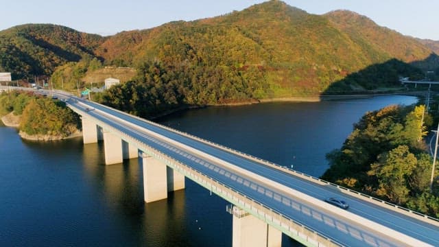 Vehicles Driving on a Bridge over a Scenic River