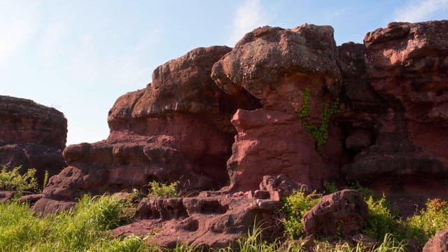 Red rock formations in a grassy field