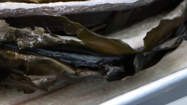 Prepared eel covered with seaweed on a tray
