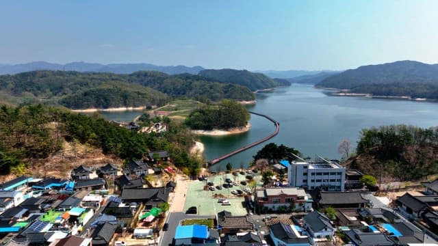 Scenic village by a serene lake