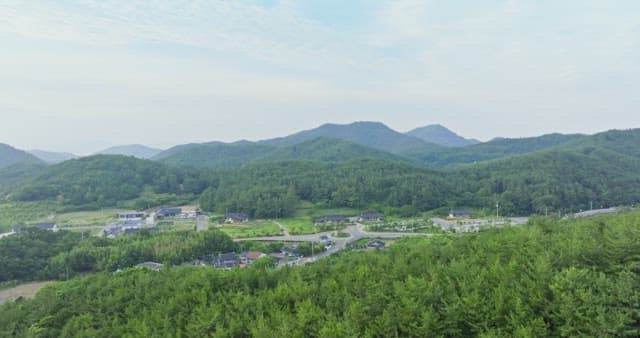 Peaceful village surrounded by mountains