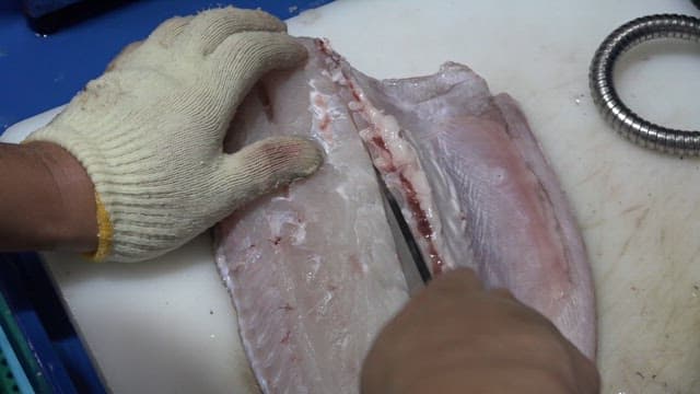 Process of filleting a fresh fish on a cutting board