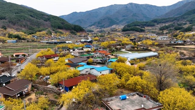 Rural village surrounded by mountains