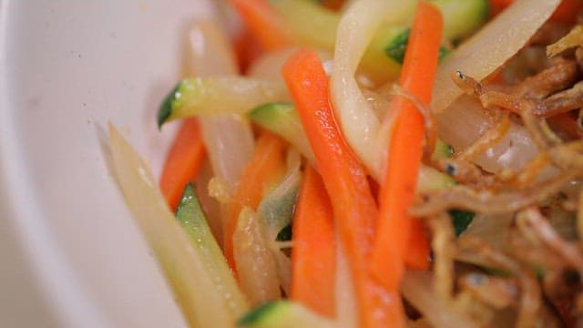 Anchovy bibim noodle with vegetables and soy sauce