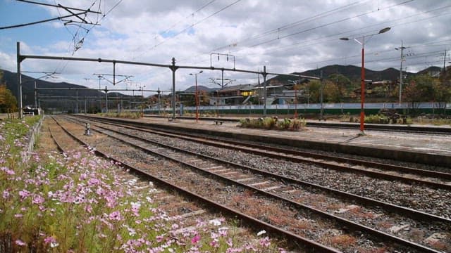 Quiet rail station with flowered surroundings under a partly cloudy sky