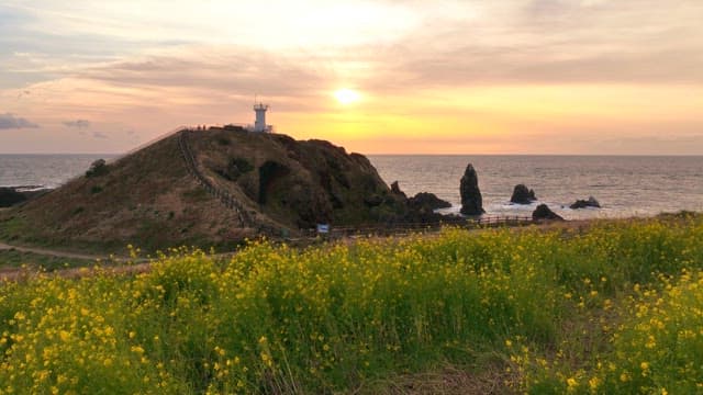 Lighthouse on a hill by the sea at sunset