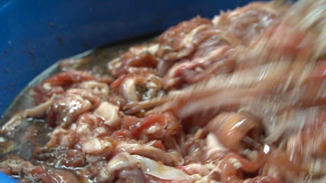 Mixing raw pork with delicious seasoning