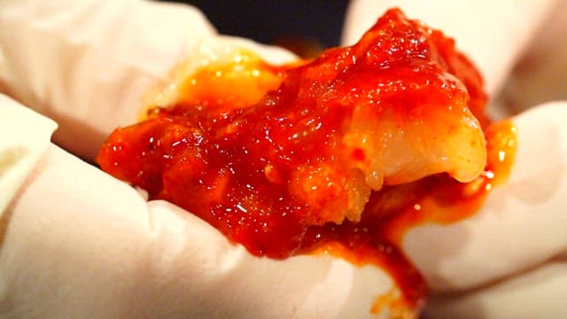 Gloved hands handling spicy marinated crab