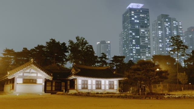 Bongeunsa Temple, a traditional Korean temple among the buildings lit up at night