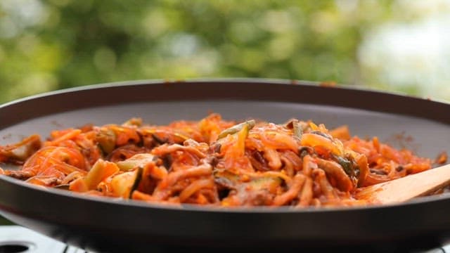 Pork stir-fry with noodles and oyster mushrooms