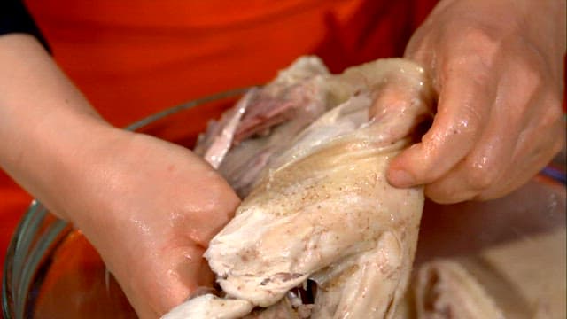 Ripping the cooked chicken by hand