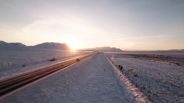 Snowy landscape with a road at sunrise