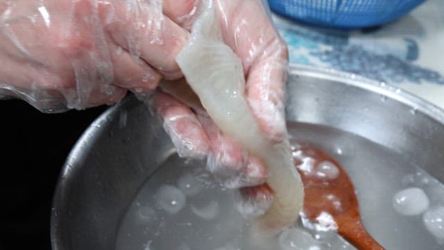 Preparing fish on a kitchen countertop