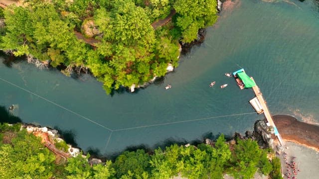 Kayakers paddling through a forested river