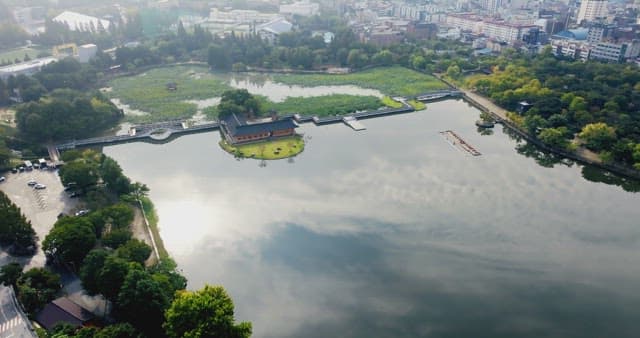 Serene park with a traditional hanok