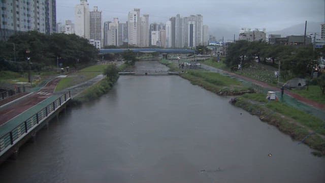 Urban Riverfront on a Misty Day