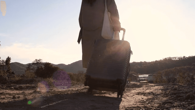 Person walking on a dirt path with a suitcase at sunrise.