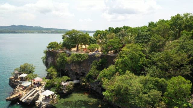 Sunny day, coastal cliffs with tropical forests and clear sea