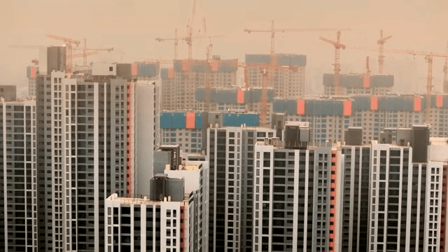 Apartment complex in a city with heavy yellow dust