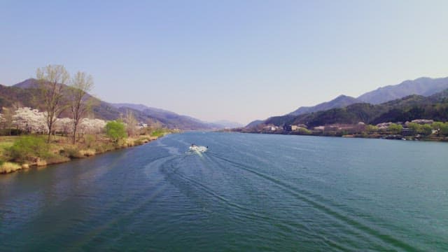 Boat cruising on a scenic river