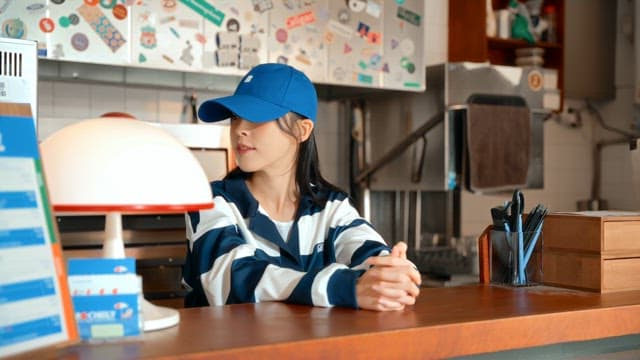 Employee who greets a customer with a smile at the counter