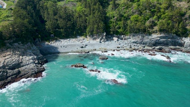 Aerial view of a rocky coastline with lush greenery